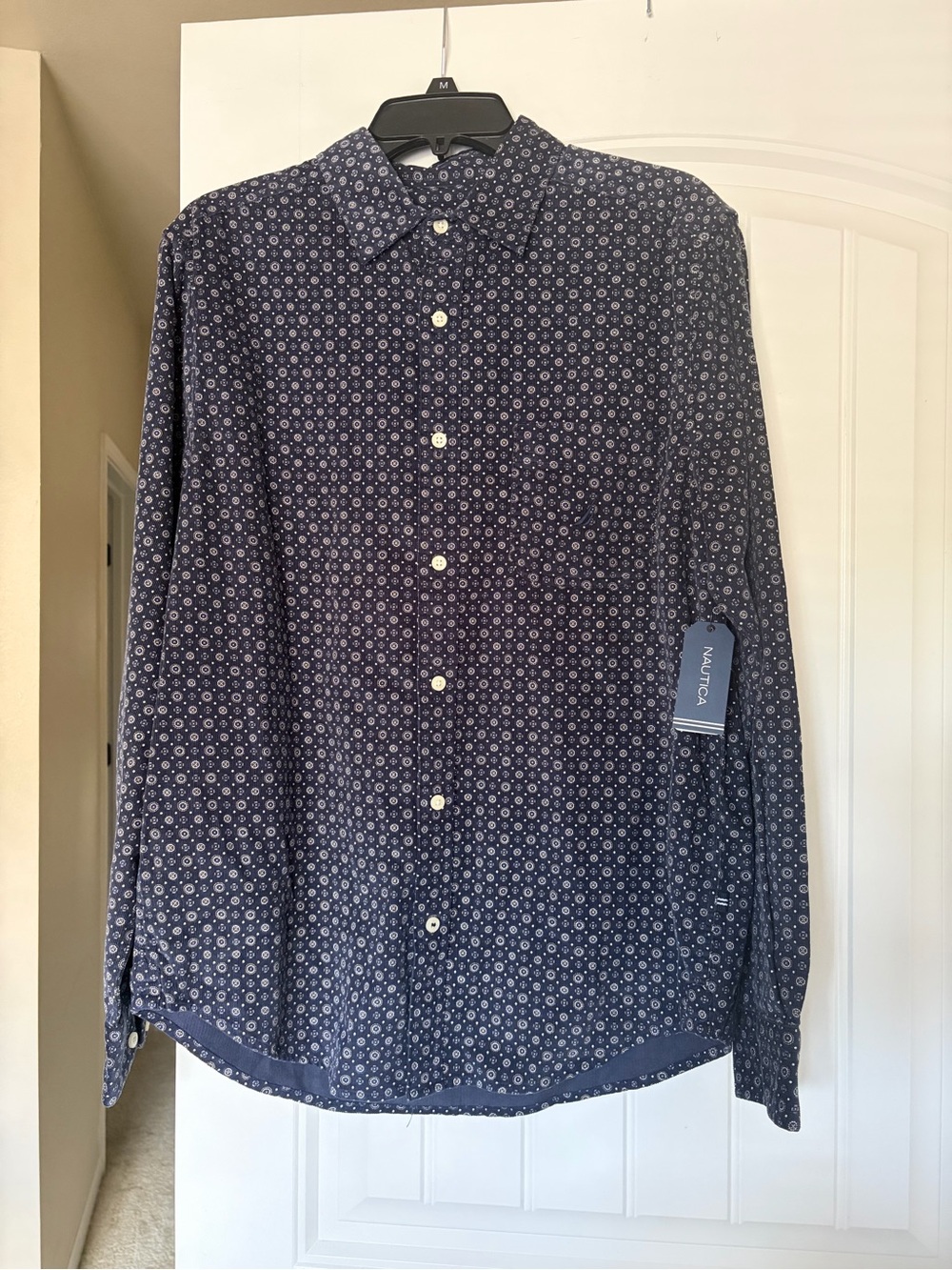 Nautica Men's Navy Button-Up Shirt with Small White Geo Print